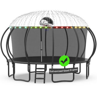 Kacho Trampoline with Enclosure Net for Kids and Adults, 1500LBS Capacity 16FT Trampoline with Basketball Hoop, Ladder, LED Lights, Sprinkler, Outdoor Heavy Duty Trampoline, Black