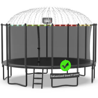 Kacho Trampoline 1500LBS 16FT Trampoline for Kids Adults, Trampoline with Basketball Hoop, Enclosure, Wind Stakes, Lights, Sprinkler and Socks, Outdoor Heavy Duty Galvanized Recreational Trampoline