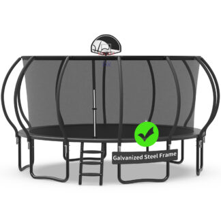 Kacho Trampoline with Enclosure Net for Kids and Adults, 1500LBS Capacity 16FT Trampoline with Basketball Hoop, Ladder, Wind Stakes, Outdoor Heavy Duty Trampoline, Black