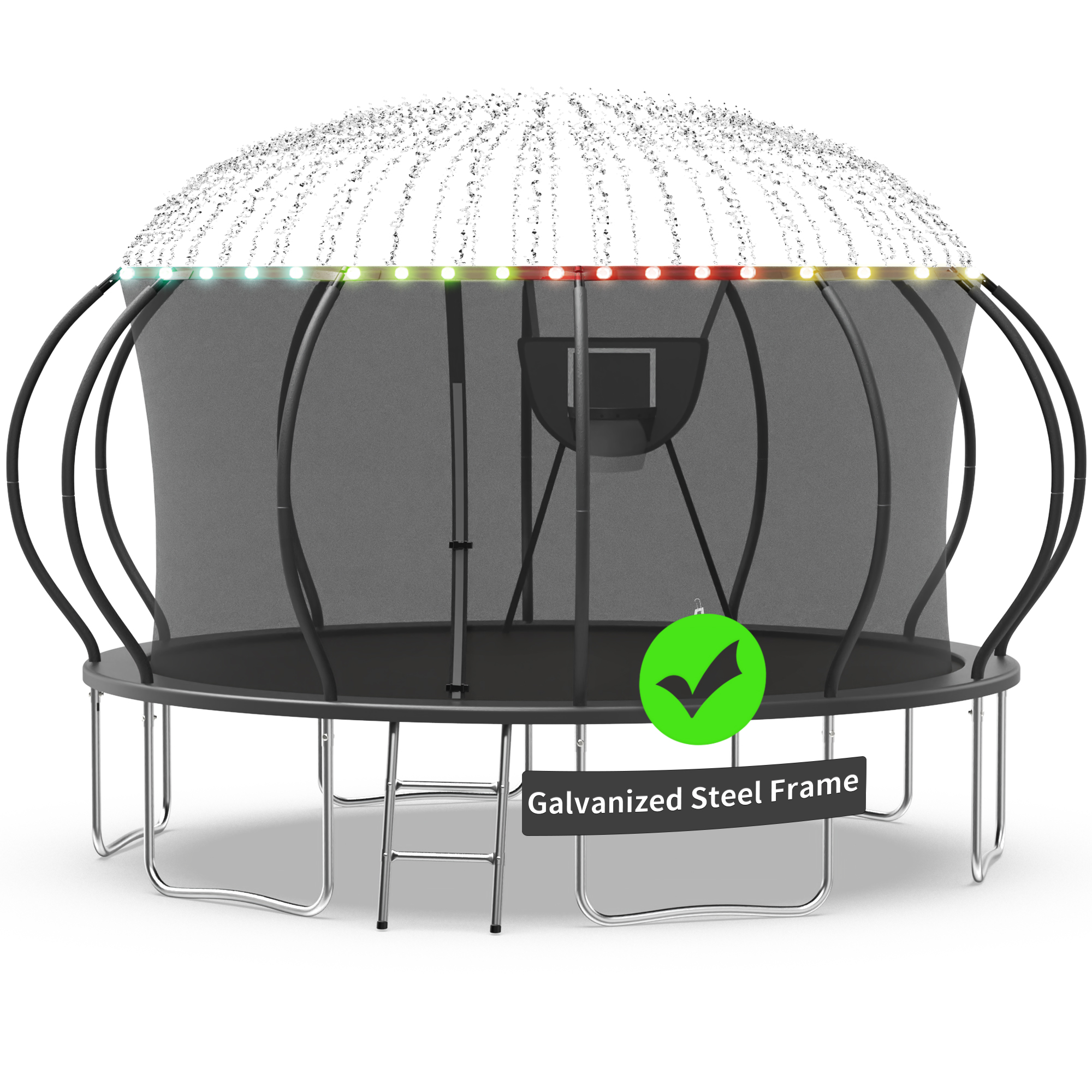 Kacho Trampoline, Trampoline with Enclosure Net 16FT 1500LBS Trampoline for 4-5 Kids and 3-4 Adults, Trampoline with Basketball Hoop, Ladder, Ball, Light, Sprinkler, Heavy Duty Trampoline, Black