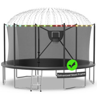 Kacho Trampoline, 16FT 1500LBS Trampoline for 5-6 Kids and 3-4 Adults, Outdoor Trampoline with Enclosure Net, Basketball Hoop, Ball, Light, Sprinkler, No Gap Design Backyard Trampoline, Green