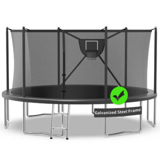 Kacho Trampoline, 16FT 1500LBS Trampoline for 5-6 Kids and 3-4 Adults, Outdoor Trampoline with Safety Enclosure Net, Basketball Hoop, Ball, No Gap Design Backyard Trampoline, Round Trampoline, Black